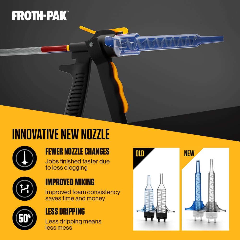 Froth-Pak 12 Spray Foam Sealant Kit, 3ft Hose, 2-Pack. Low GWP Formula. Seals Cavities, Penetrations & Gaps. Yields Up to 12 Board ft. at 2” Thick, 4” Width. Two Component, Polyurethane, Closed Cell
