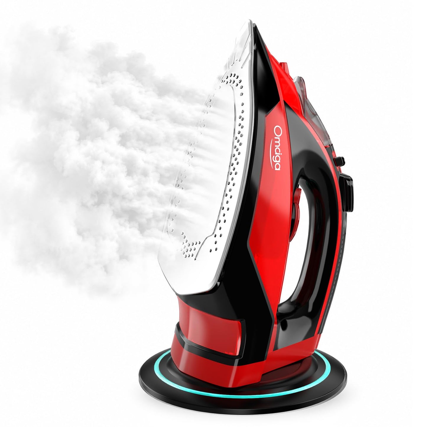 OMAIGA Cordless Iron for Clothes, 1500W Wireless Steam Iron with Ceramic Soleplate, 360 Degree Power Base, Auto Shut Off, Self-Clean, Anti-Calc, 3 Temperature Settings, 11.84oz Water Tank, Red