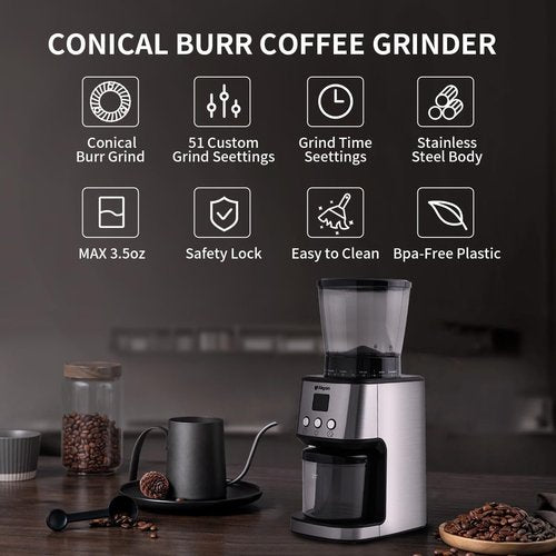 Aligain Stainless Steel Burr Coffee Grinder with 51 Grind Settings，Grind Timer,Electric Coffee Grinder for Espresso/Drip/Pour Over/Cold Brew/French Press Coffee Maker，120V/165W