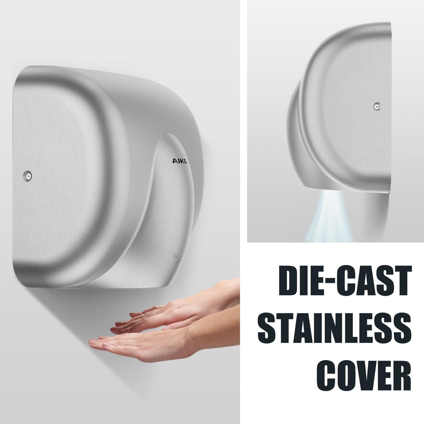 AIKE Heavy Duty Hand Dryer Hard-Wired Friendly 110V High Speed Brushed Stainless Finish Model AK2811