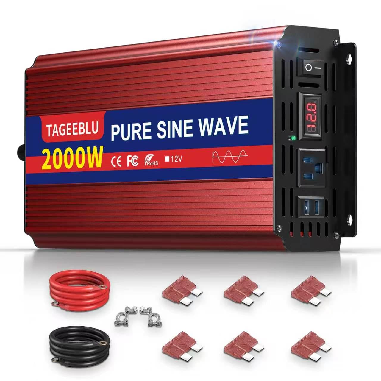 TAGEEBLU 2000W Pure Sine Wave Inverter - 4000W Surge Peak, 12V DC to 110V AC Heavy Duty Power Inverter for RV, Truck, Home, Solar, Off-Grid, Outdoor, Car Converter with Dual AC Outlets and LCD Display