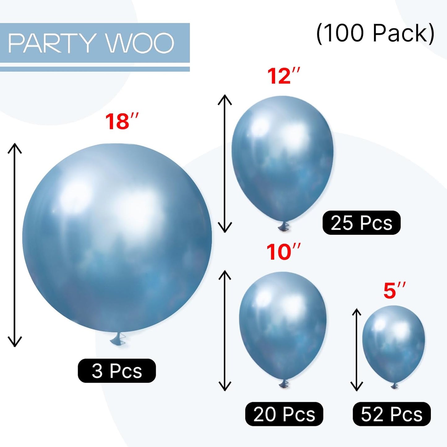 PartyWoo Metallic Light Blue Balloons - 100 Pcs Latex Balloon Arch Kit | 18", 12", 10", 5" Sizes for Graduation, Baby Shower, Birthday Party Decorations