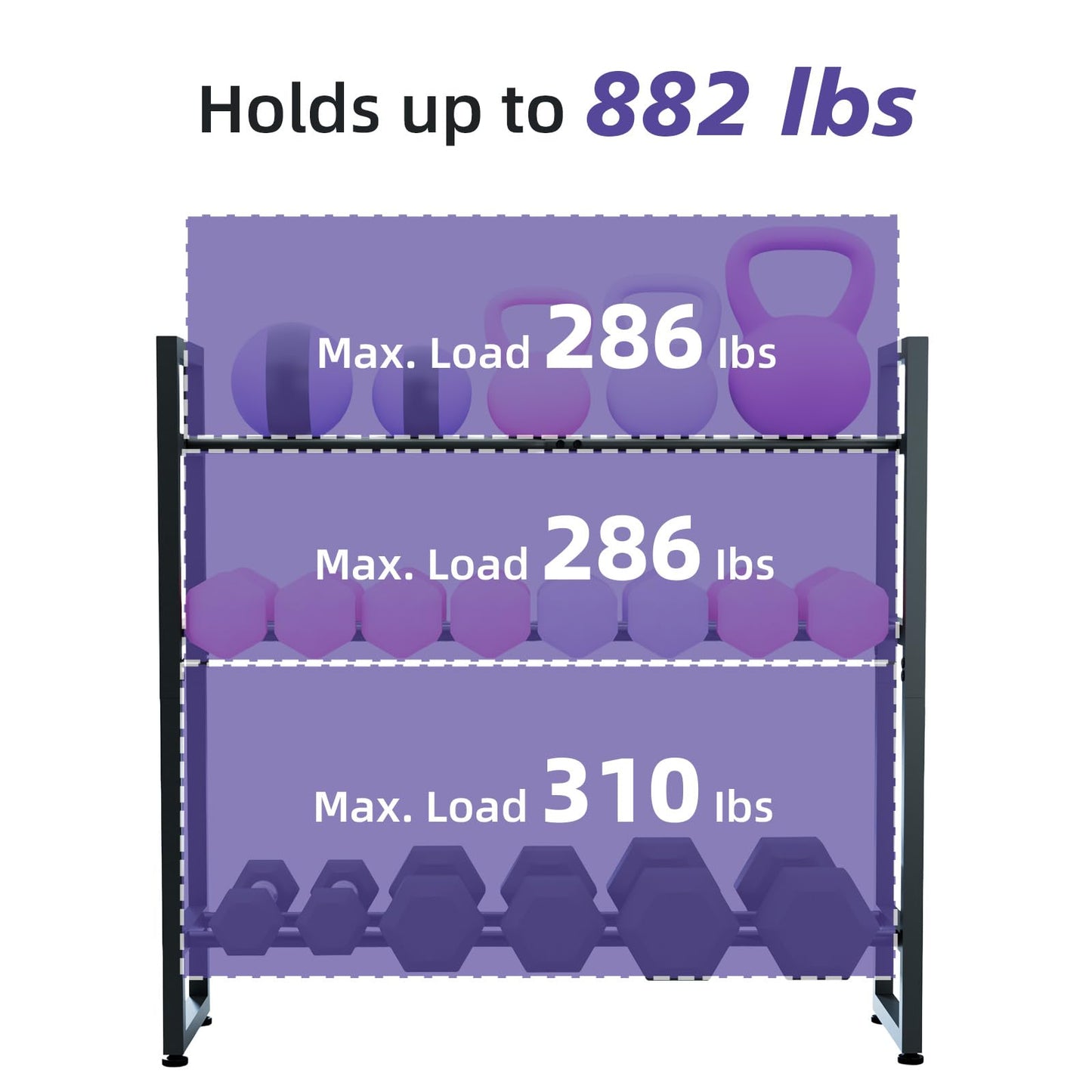laapee 3-Tier Dumbbell Rack with 882 LBS Capacity, Multi-Purpose Weight Rack for Home Gym with Shelf and Movable Hooks, Weight Holder and Home Gym Storage Organizer for Dumbells Kettlebells Yoga Mat