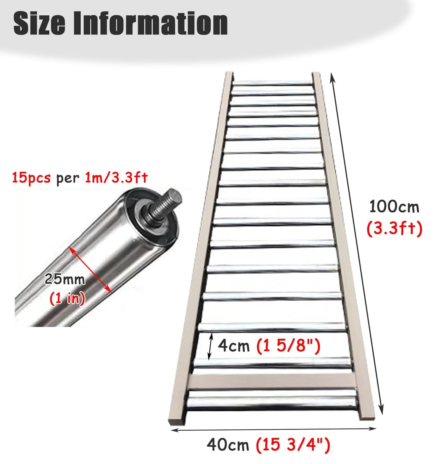 Heavy Duty Conveyor Rollers - 1in Industrial Belt Conveyor, Unpowered Light-Duty Rollers Table, Metal Flow Chute Stand, 300lbs Load Capacity, 40cm Wide (15.75in)
