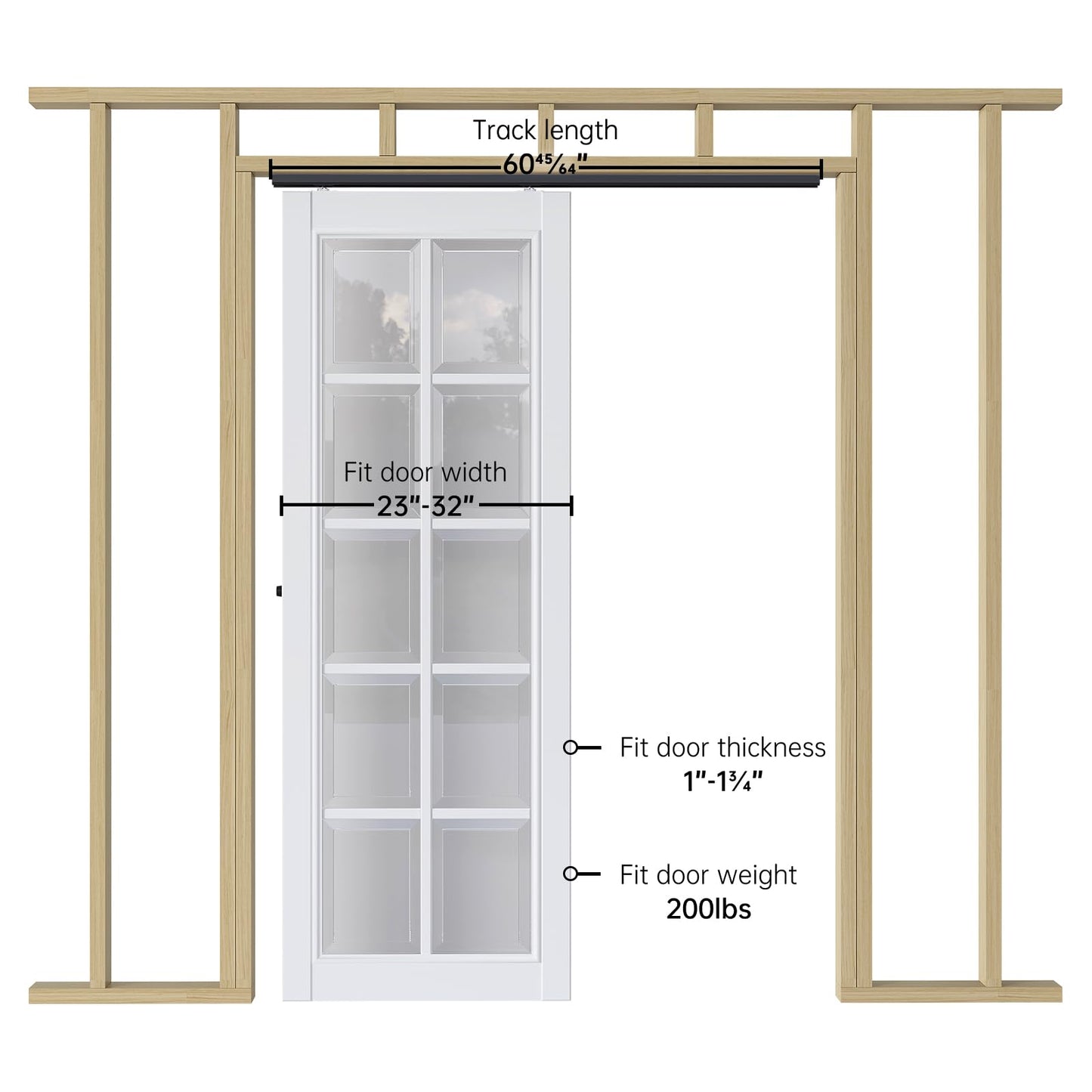 EaseLife 5.3FT/64in Sliding Pocket Door Hardware Kit,Commercial Grade,Black Box Rail Kit,Easy Install,Slide Smoothly Quiet,No Door (60.7" Track Hardware Kit for 23"~32" Wide Single Door)