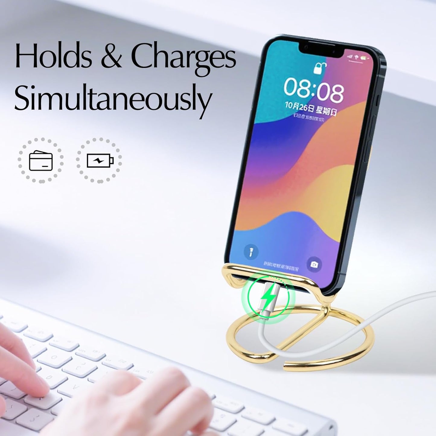 CREECHWA Gold Desk Accessories, Electroplated Metal Phone Holder and Bussiness Card Stand, Cute Office Supplies