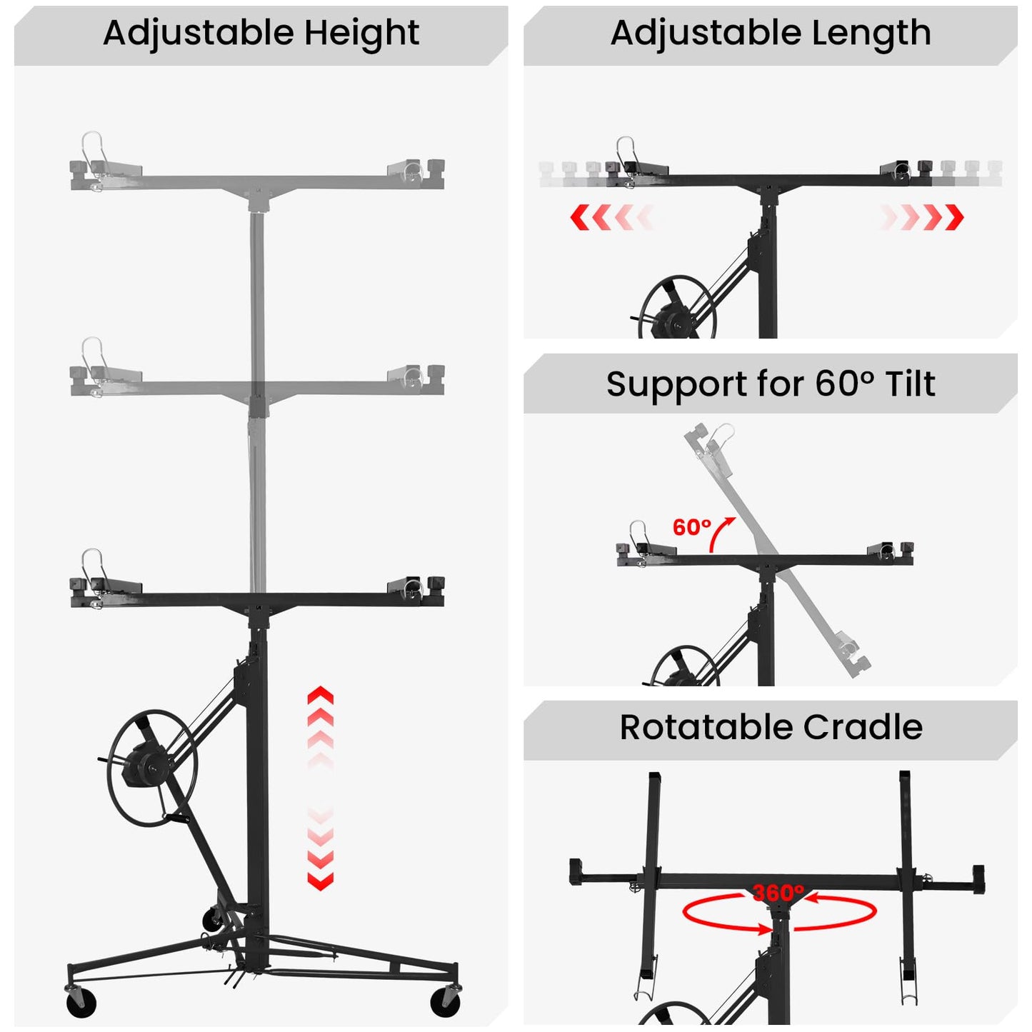 Rovibek 11 FT Drywall Lift, Sheetrock Lift Drywall Lift for Ceiling, Drywall Panel Hoist with 360° Adjustable Telescopic Arm, 150lbs Heavy Duty for Ceiling Home Improvement (Black)