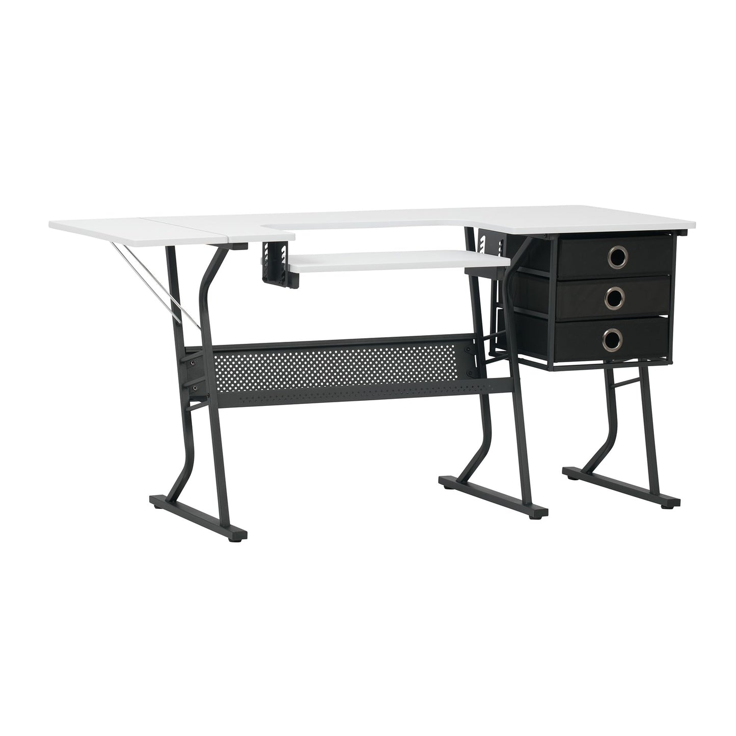 Sew Ready Eclipse Hobby Sewing Table, 60.25 x 23.75" Overall Platform Size with Large Lower Storage Drawer, 2 Side Shelves & Cloth Drawer, Black/White