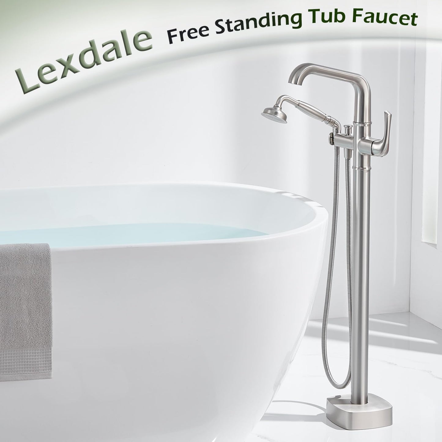 Luxury Free Standing Tub Faucet, Classic Brass Freestanding Bathtub Faucet, Lexdale Bathroom Floor Mount Tub Filler with handheld Sprayer Supply Lines Included Brushed Nickel (LD8911-BN)