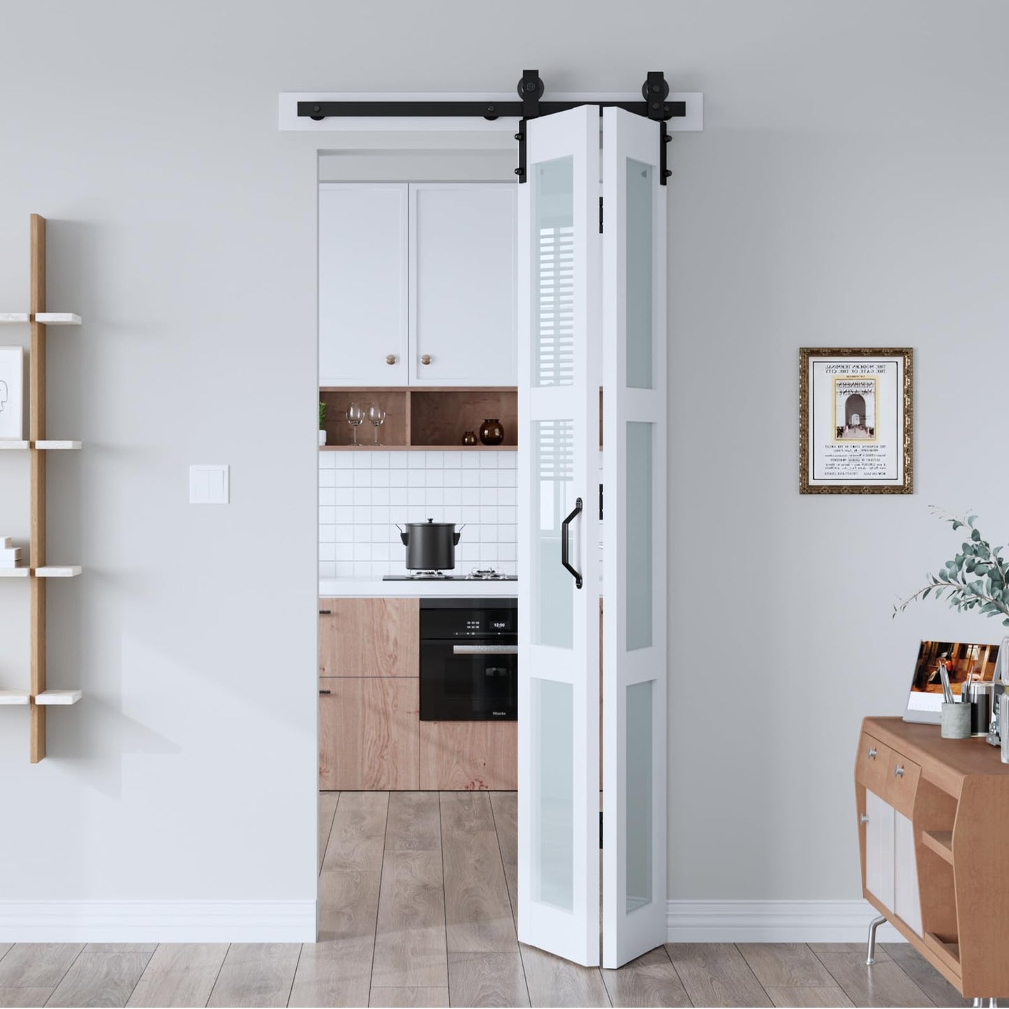 EaseLife 36"x 84" (Double 18" x 84") Bifold Barn Door, Bifold Sliding Barn Door with Hardware Kit, Solid MDF Wood Slab Covered with Water-Proof PVC Surface, Frosted Glass Panel, Assembly Required