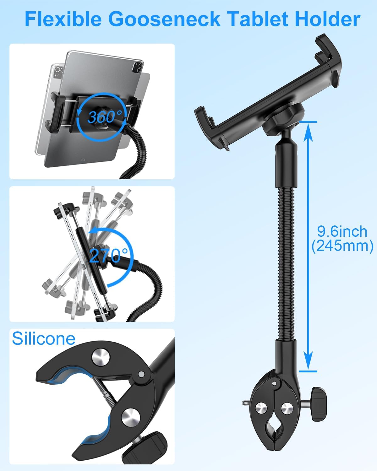 Kolasels 4.7-12.9" Spin Bike Tablet Holder, Gooseneck Tablet Holder for Wheelchair, Stroller, Indoor Cycling, Gym