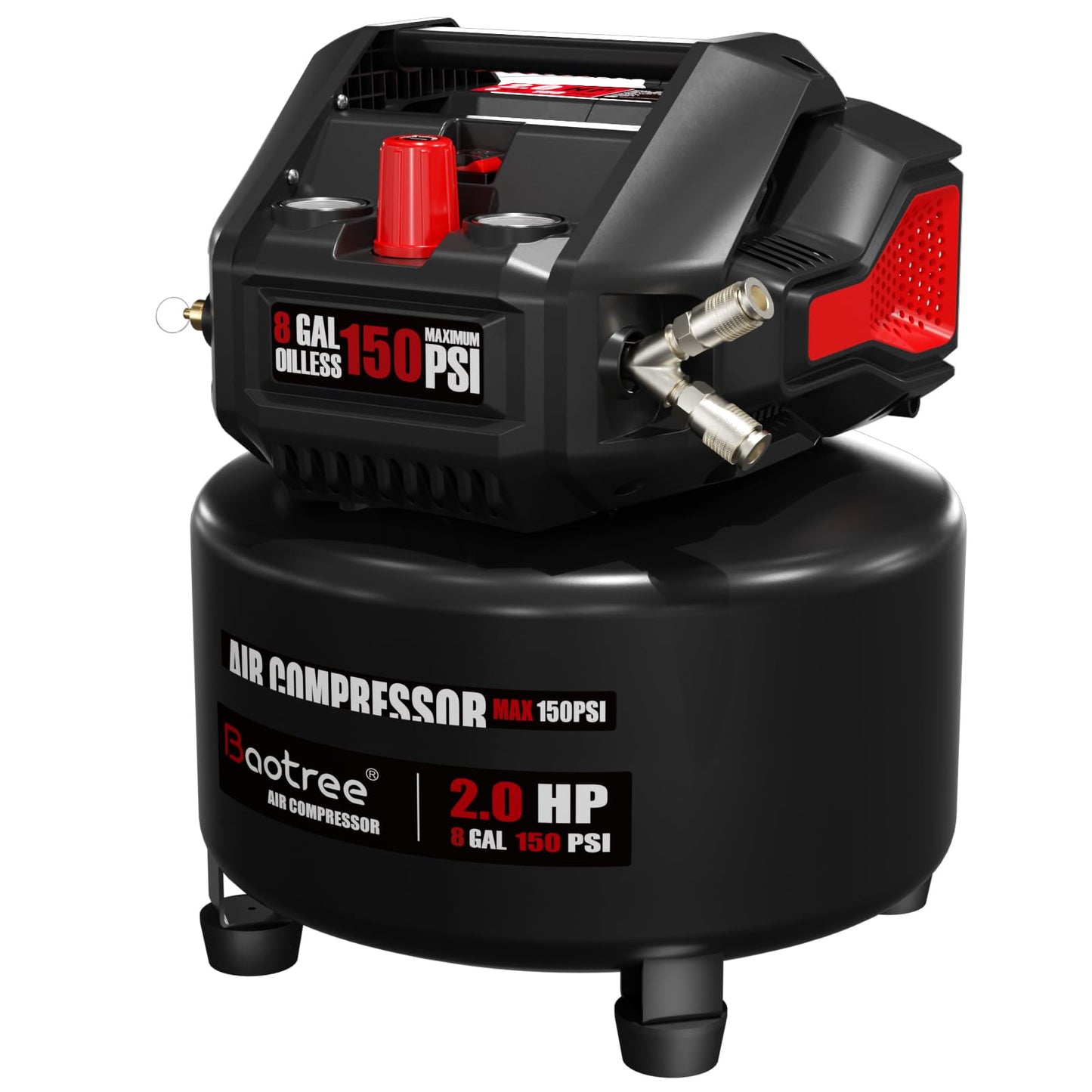 Baotree 8 Gallon Portable Air Compressor, Max 150PSI Oil Free Air Compressor Tank, 2HP Motor 2.8SCFM@90 PSI,3.8SCFM@40PSl Garage Air Compressors for Car Repair, Spray Painting, Woodwork Nailing