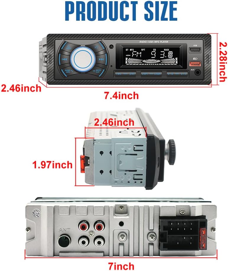 KUNFINE MP3, 2 USB(2.1A Audio Systems Car Stereo - Single Din, Voice Control, Bluetooth, No CD DVD Player, FM Radio