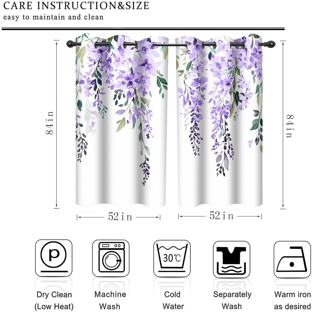 EOTDMS Purple Watercolor Floral Curtains 84 inches Long, Botanical Leaves Vine Wisteria Flowers Rustic Farmhouse Curtains, Blackout Window Treatment Drapes for Bedroom Living Room 52x84inch, 2 Panels