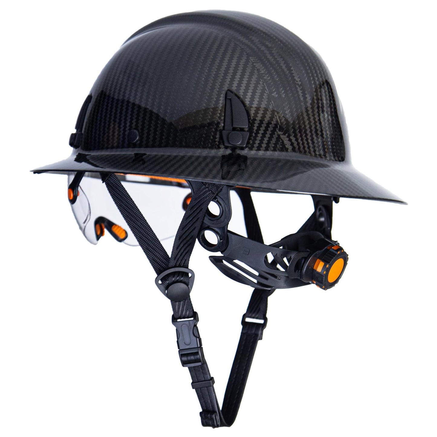 Alacati, Carbon Fiber Hard Hat Full Brim with Goggles- Safety Helmet with 6-Point Adjustable Ratchet Suspension- ANSI Z89.1 Compliant (Black)
