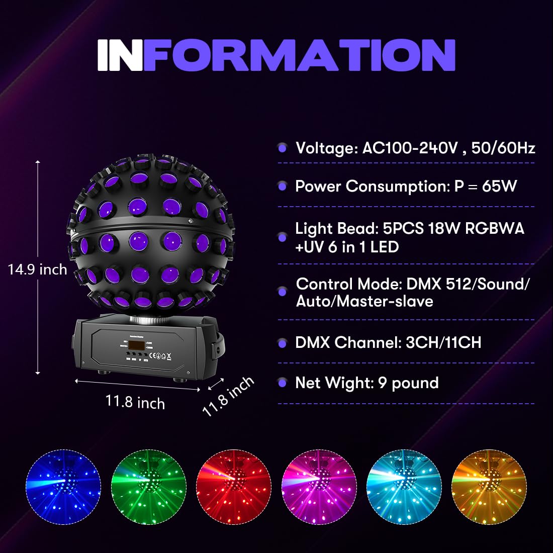 MOKA SFX LED Moving Head Sphere Light 6-in-1 RGBWA+UV Infinite 360° Rotating Magic Ball Effect Light with DMX512, Sound Active for DJ, Club, Party, Wedding, Stage Disco Lighting