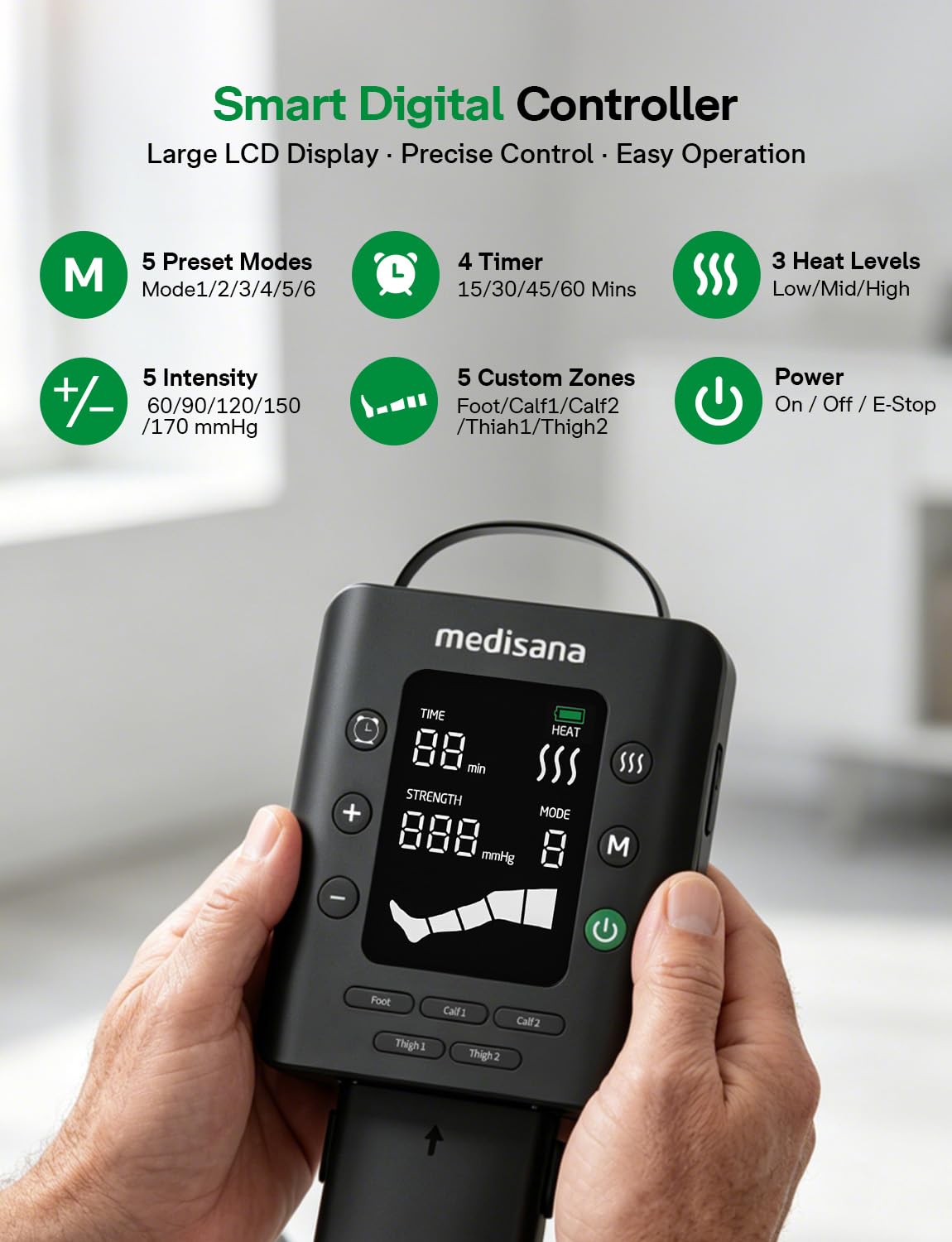 Medisana Leg Massager with Heat and Compression, Leg Massager for Circulation and Pain Relief, Compression Boots with 5 Modes & 3 Heat Levels for Edema Relief, Gifts for Mom, Dad, Him, Her
