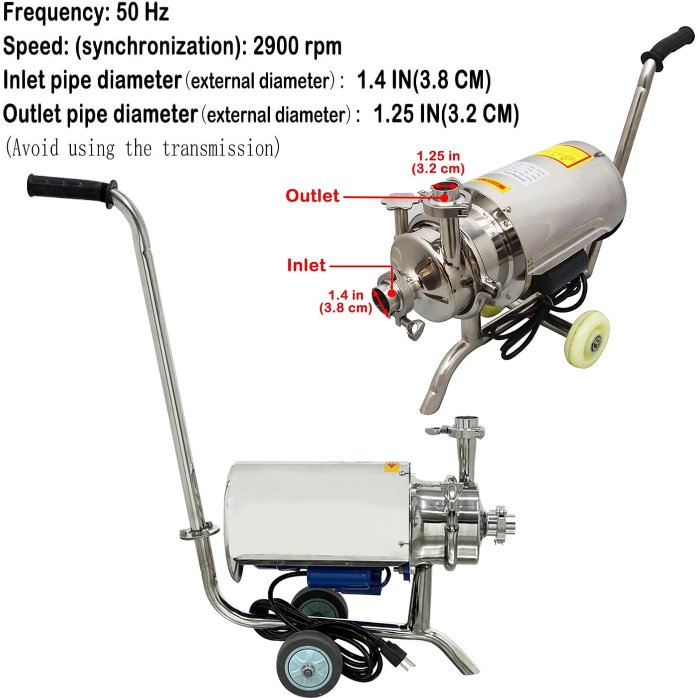 INTBUYING Food Grade Centrifugal Pump 304 Stainless Steel 3T Sanitary Beverage Pump Transfer for Liquid Mobile 110V/0.75KW