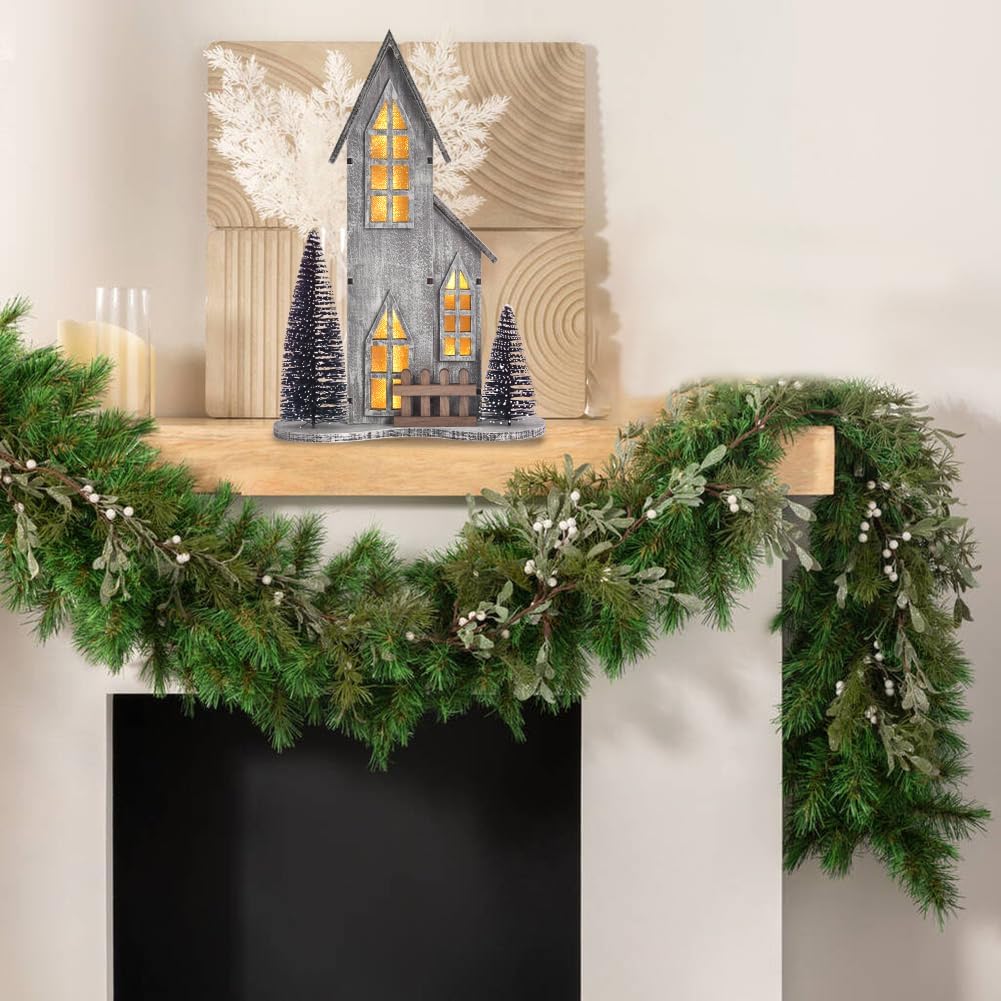 Wooden Christmas Village House - Lighted Indoor Tabletop Decor with LED & Tree | Winter Holiday Centerpiece (Style A)