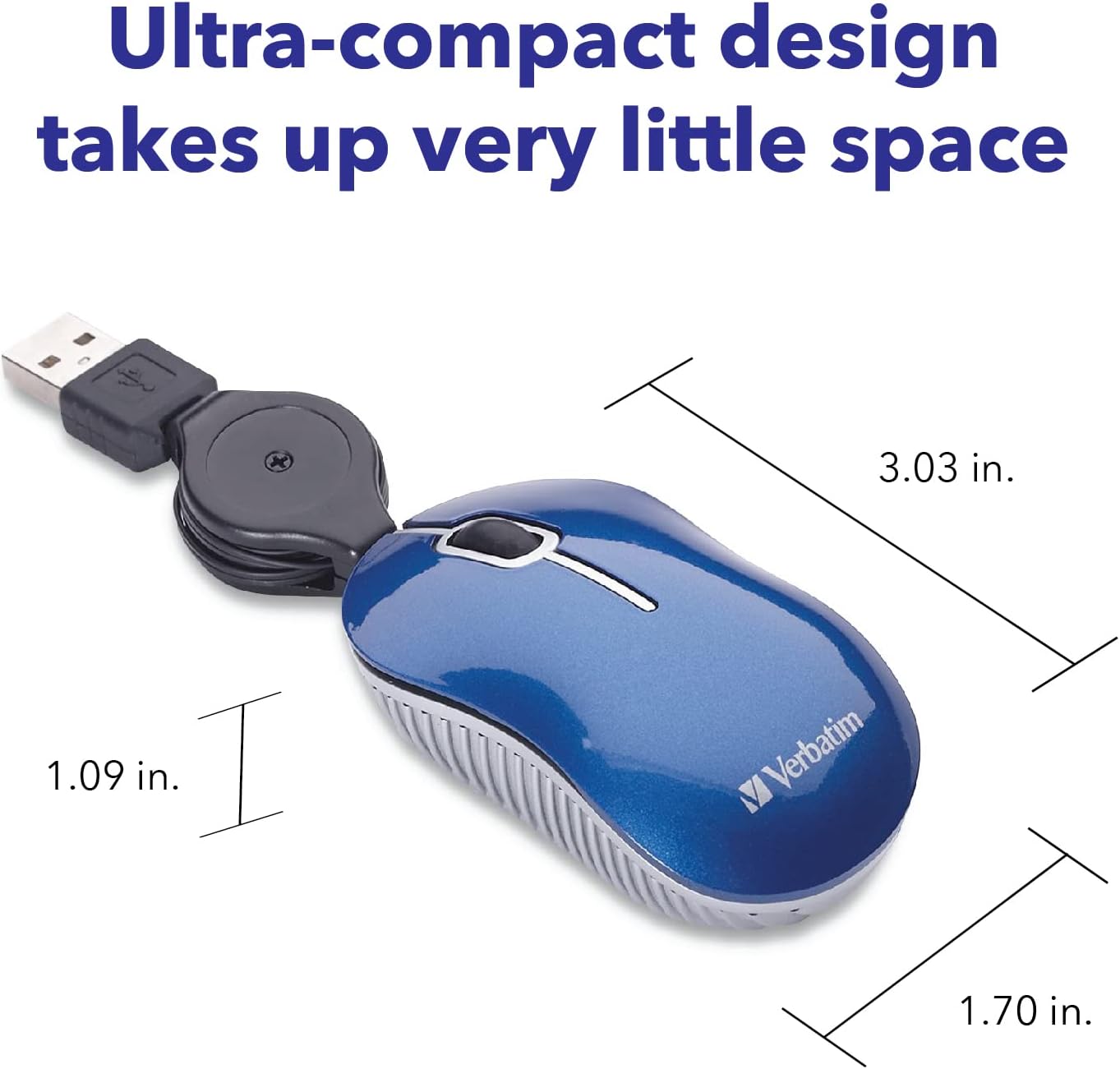 Verbatim 98616 Wired Optical Computer Mini USB-A Mouse - Plug & Play Corded Small Travel Mouse with Retractable Cable