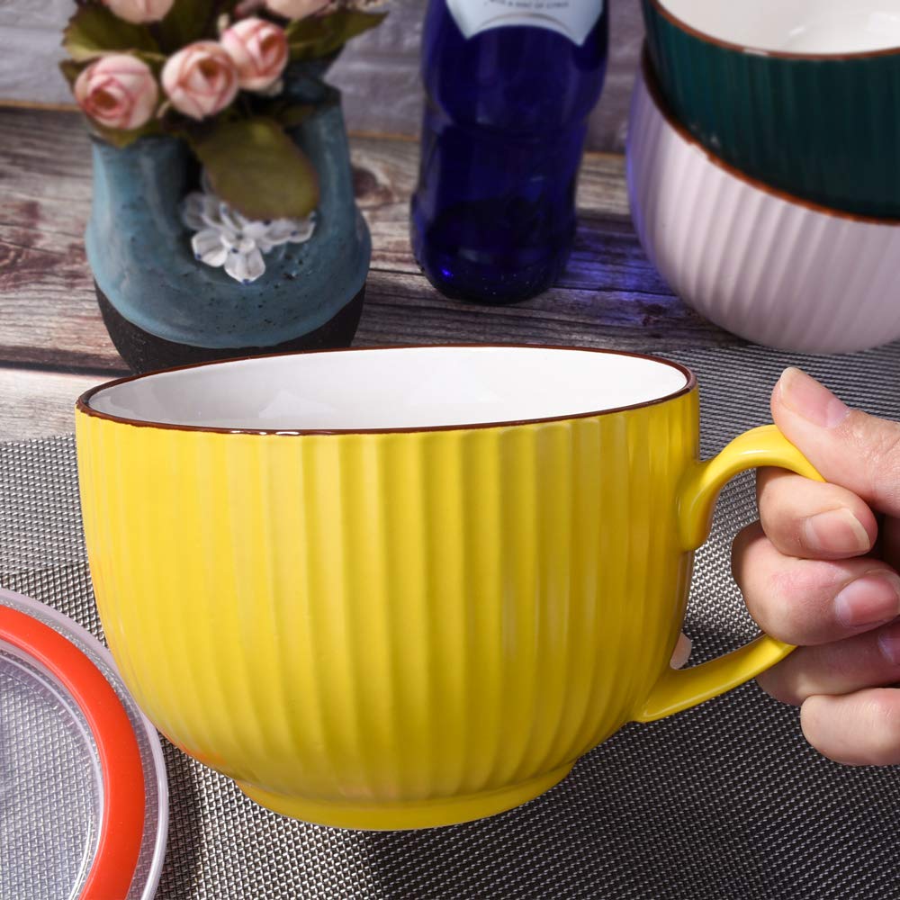 BOSILI 24oz Ceramic Soup Mug with Lid and Handle, Large Microwave Ramen Bowl for Dorm & Office, Vibrant Yellow Ribbed Cereal Cup for Oatmeal & Soup, Dishwasher & Fridge Safe, Gift for Roommates