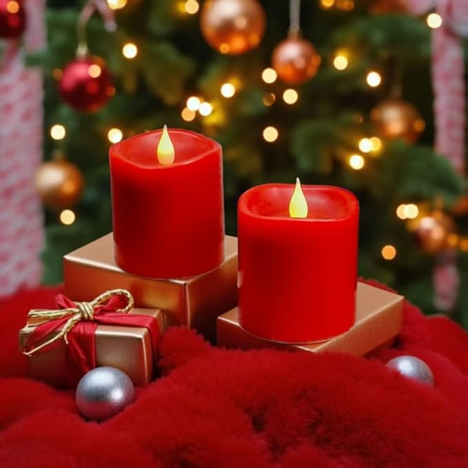 Red Flameless LED Candles 3 inch Diameter Real Wax 2AA Battery Operated 600hr+ Flickering Candles with Timer Remote Control for Halloween Thanksgiving Christmas Wedding Indoor (Red, 3″×3″- 2 PCS)