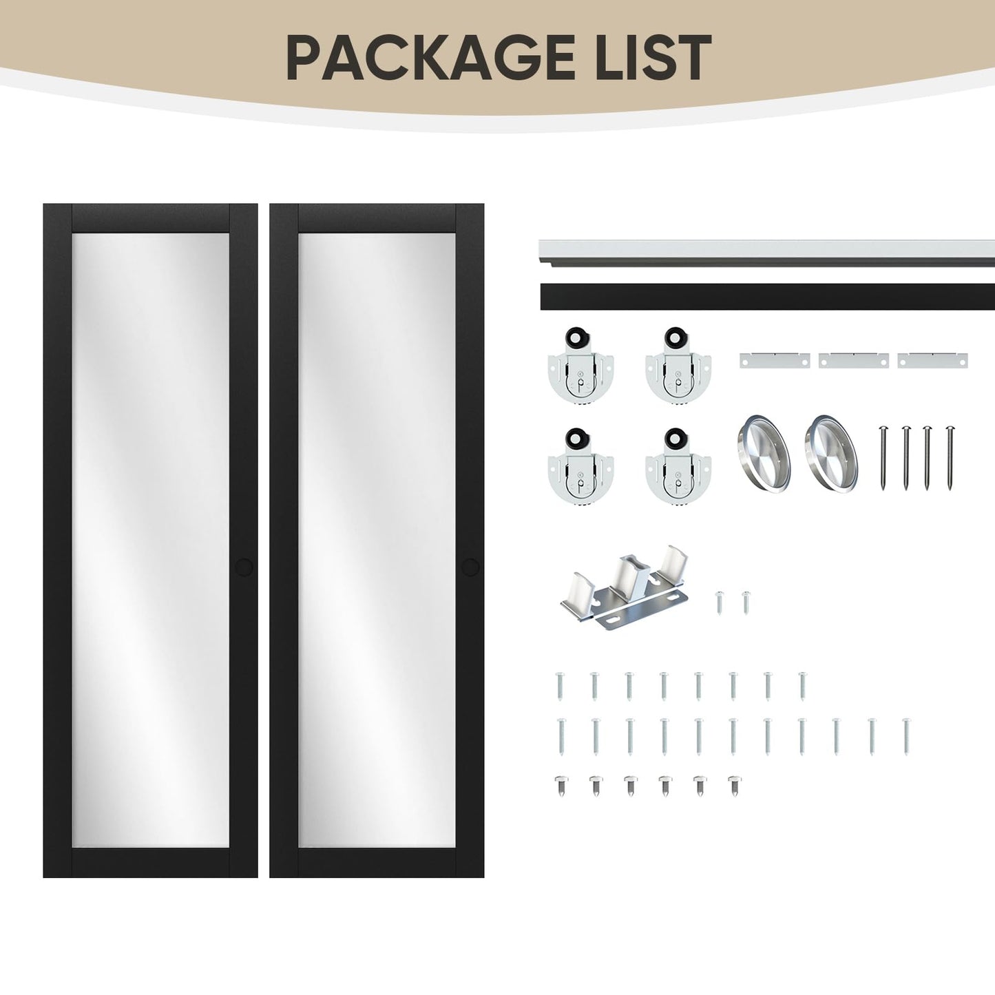 JUBEST 60" x 80" Mirror Closet Door, Preassembled One Side Mirror Door with Hardware Kit & Matching Fascia, Solid Wood Frame with Water-Proof PVC Surface, Easy to Install, Black