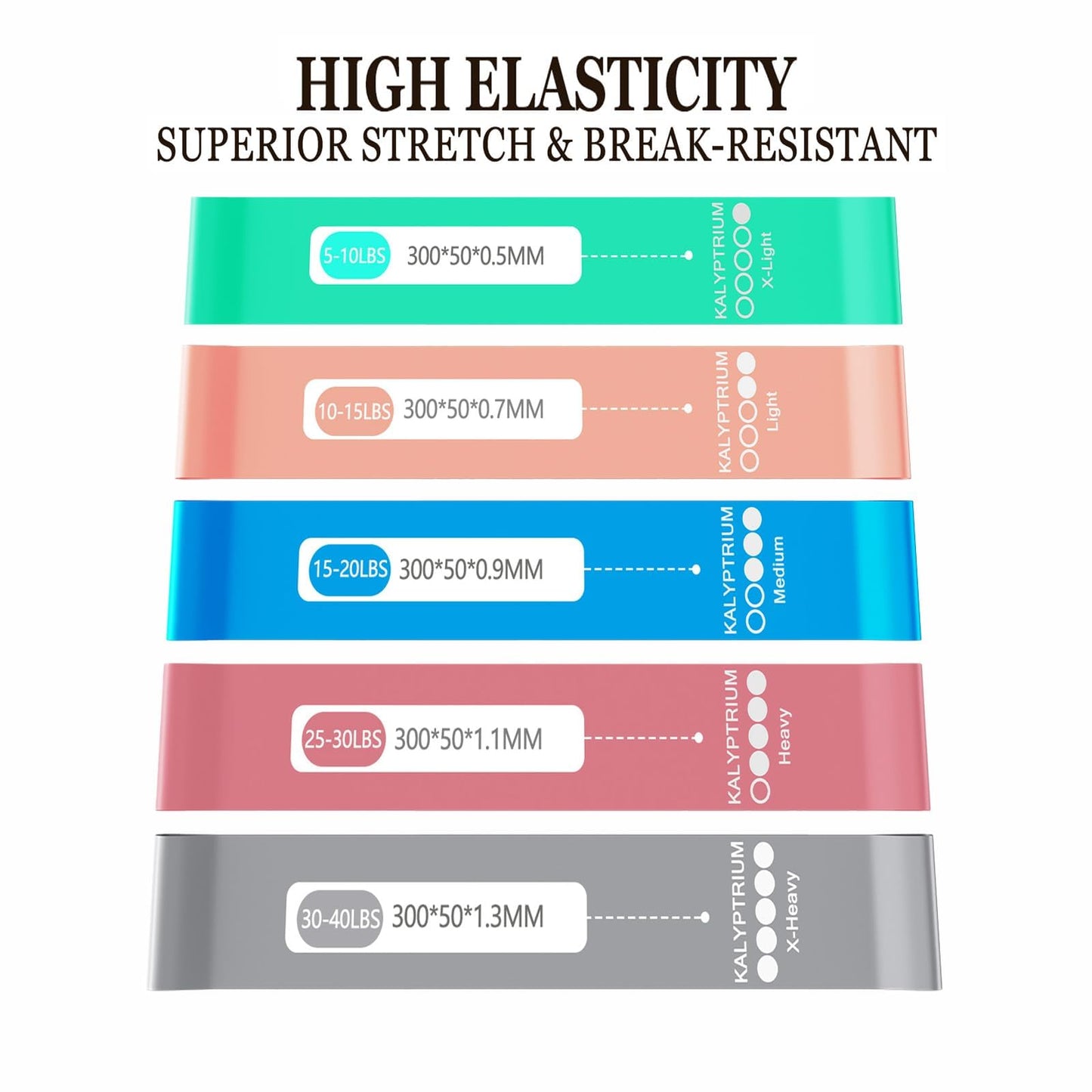 KALYPTRIUM Resistance Bands Set – 5-Level Exercise Bands for Physical Therapy/Yoga/Pilates/Strength Training/Home Fitness Loop Bands with Portable Storage Bag