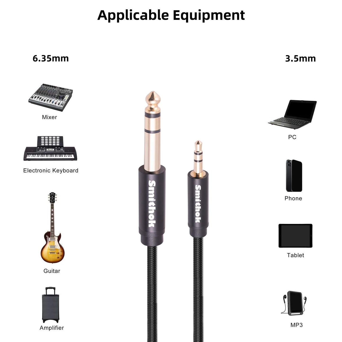 2pack 1/8 1/4 Cable,6.35mm 1/4" 3.5mm 1/8" 10Ft(3m) Smithok to Stereo Audio Male to Male TRS Bidirectional Stereo Audio