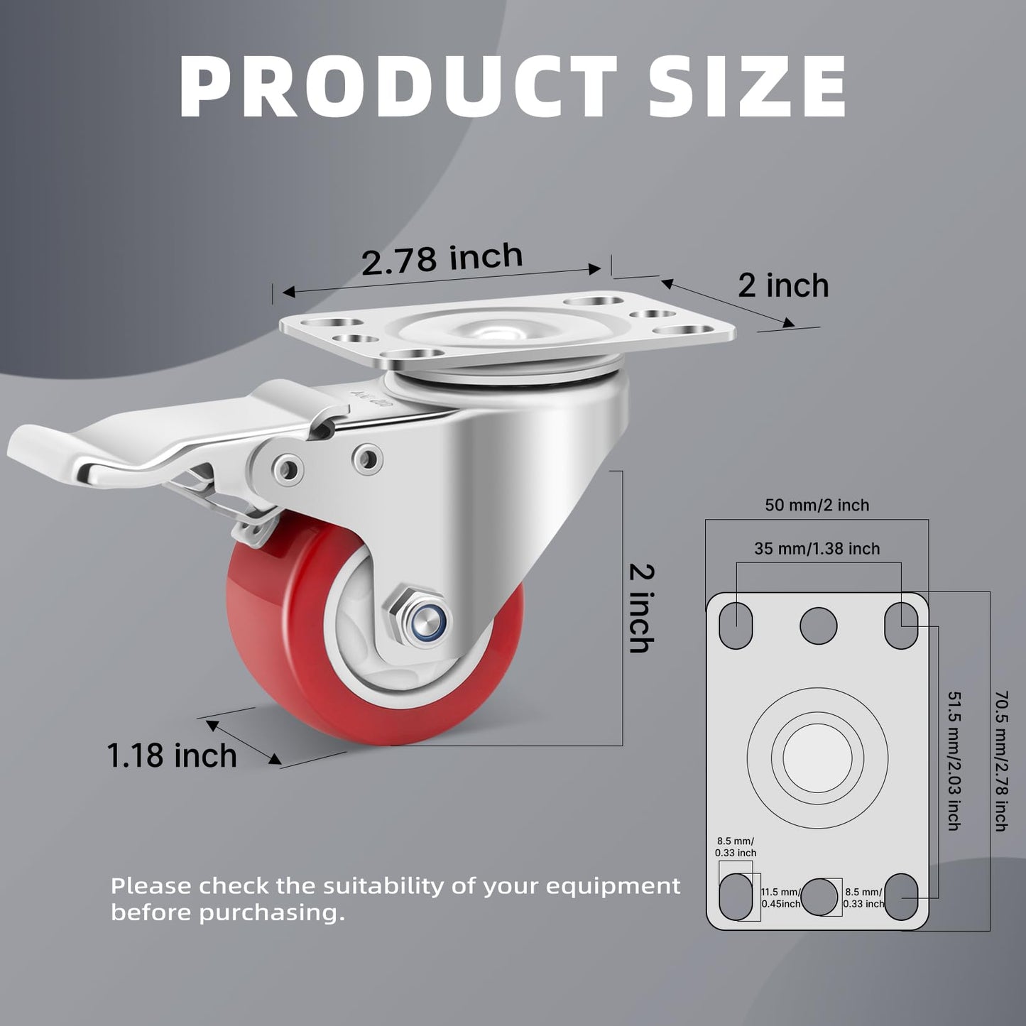 W B D WEIBIDA 2 Inch Stainless Steel Caster Wheels with Brake,Rust-Proof 304 Casters Set of 4,Anti-Corrosion Industrial Castor for Furniture,Labs,Hospitals,Restaurants, Toolbox