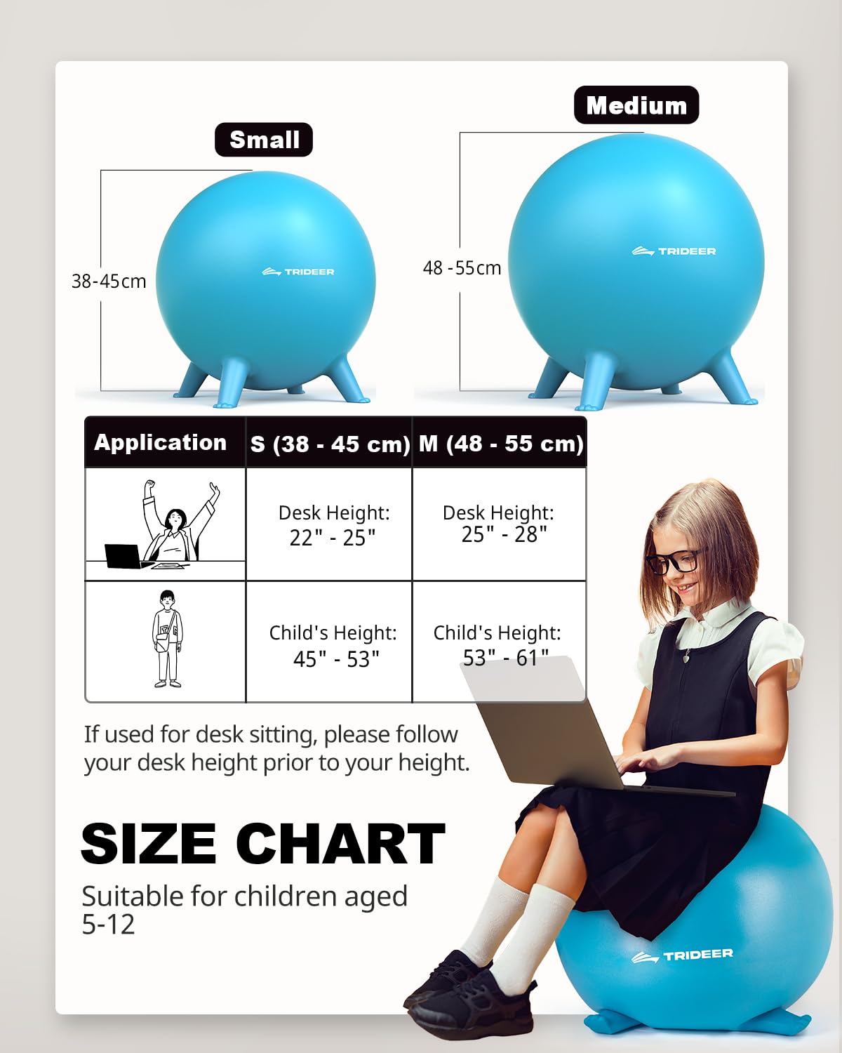 Trideer Flexible Seating for Classroom Elementary, Yoga Ball Chairs for Kids, Wobble Chair of School Supplies for Sensory Kids, Student Desk Chairs for Homeschool (Blue, 55cm)