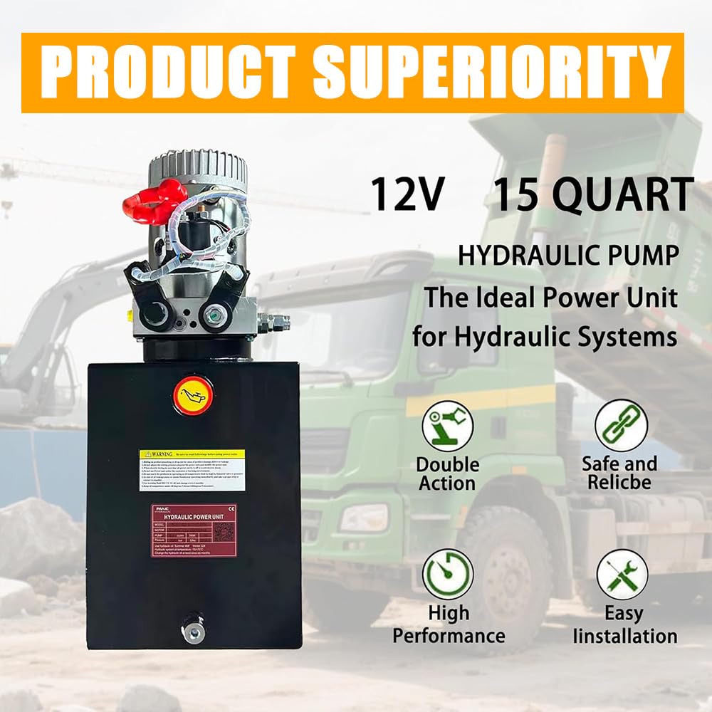 ParnicoTech 15 Quart Hydraulic Power Unit, Double Acting Dump Trailer Pump 12V DC, 3200 PSI Max Relief Pressure, Power Unit Metal Reservoir for Dump Trailer Car Lifting, SAE # 6 Port, Steel