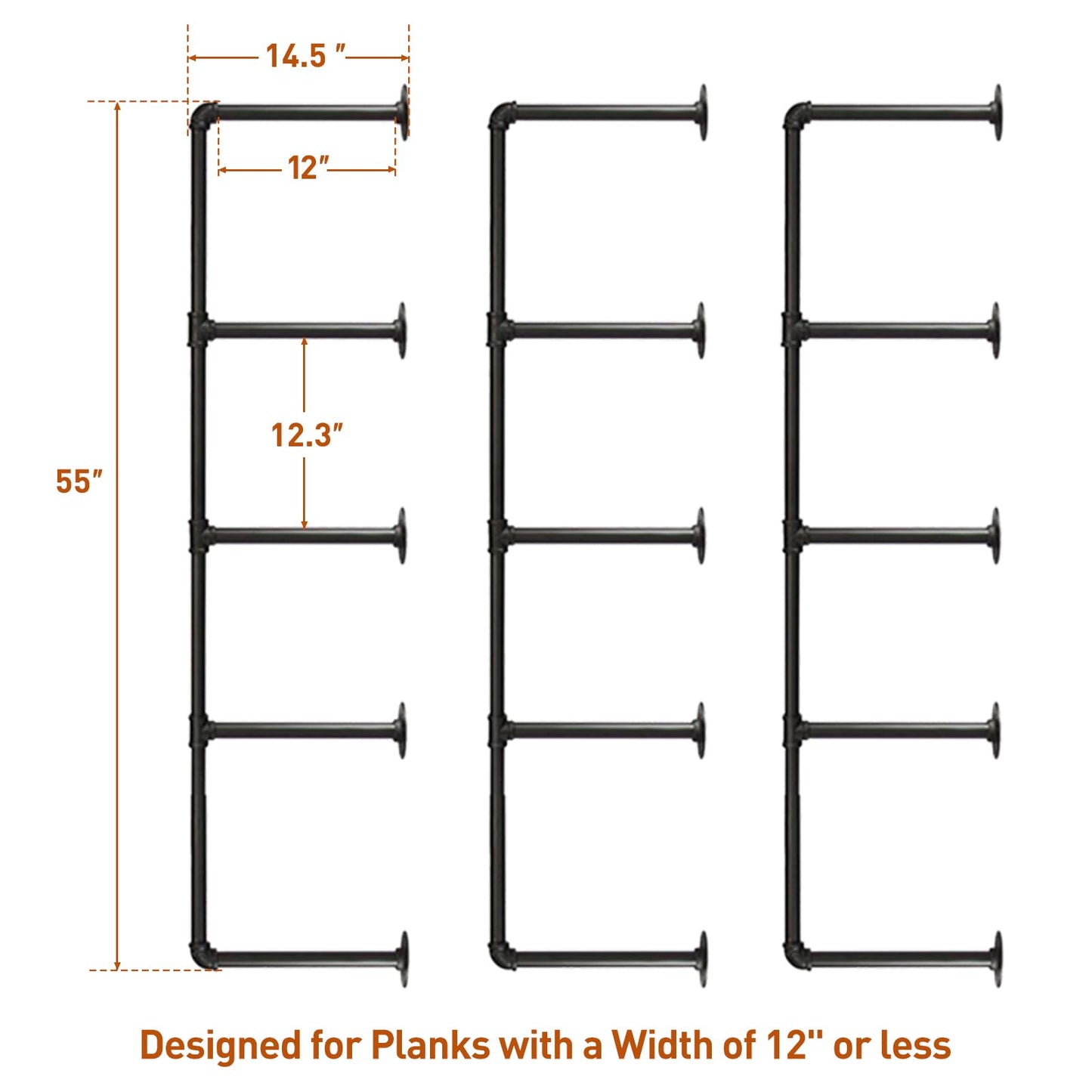 HITOMEN Industrial Iron Pipe Shelves, 3 Set 5-Tier, 55" Tall, 12" Depth, DIY Open Bookshelf Bookcase, Wall Mounted Vintage Retro Shelving, Rustic Farmhouse Pantry Kitchen Storage, Black Shelf Brackets