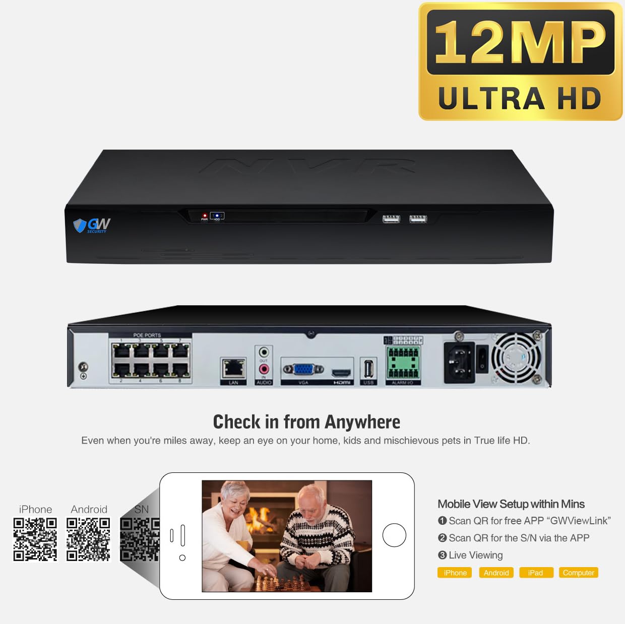 GW Security 8 Channel 12MP NVR UltraHD 4K Face Recognition NDAA & TAA Compliant Security Camera System with 8 x 8MP @25FPS Waterproof PoE Dome Cameras, 10 Smart AI Functions
