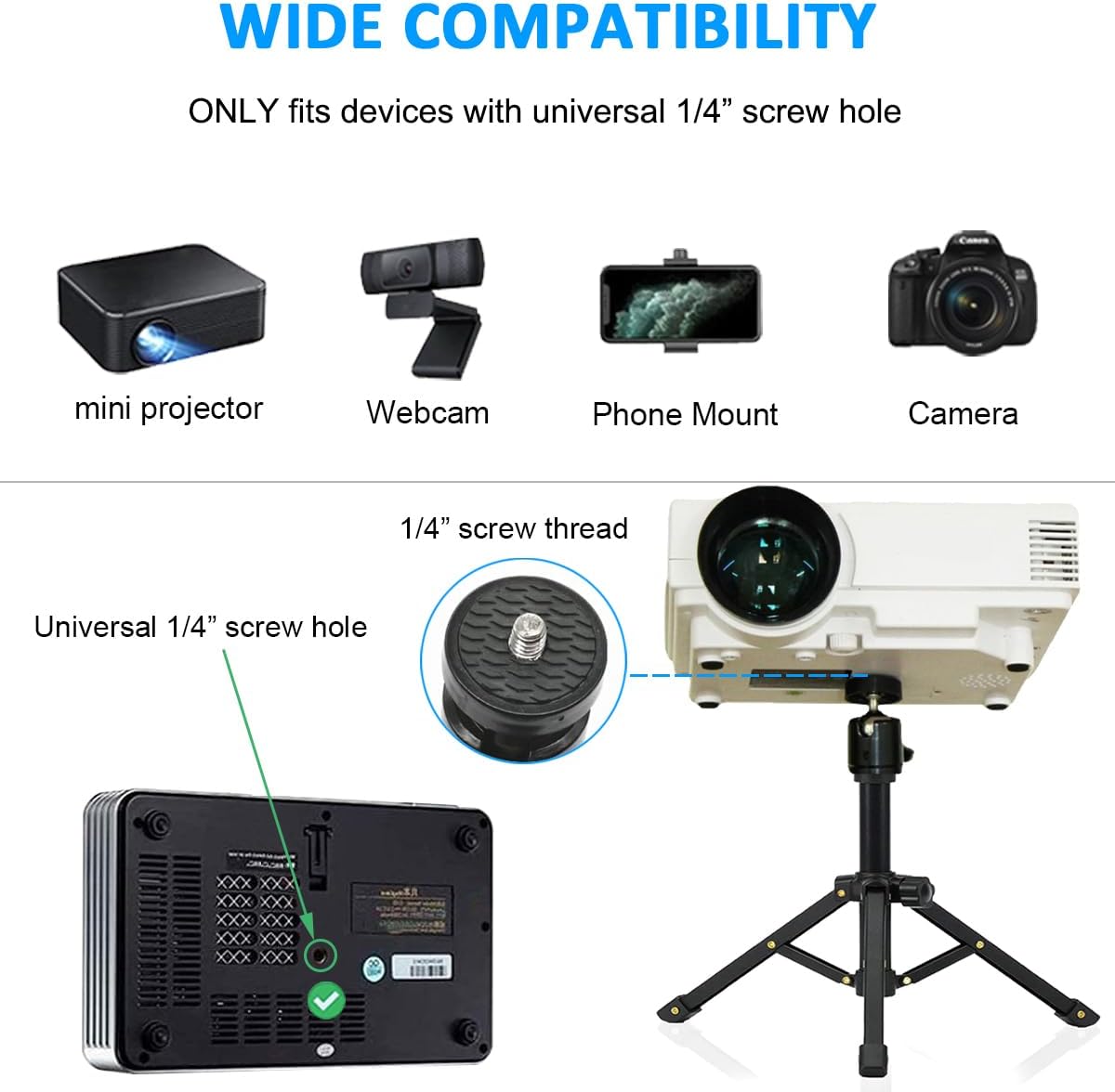 4, 2 JCWINY Mini Projector Stand, All Metal Mini Tripod Desktop Tabletop Stand Compact Desk Tripod for Mini Projector