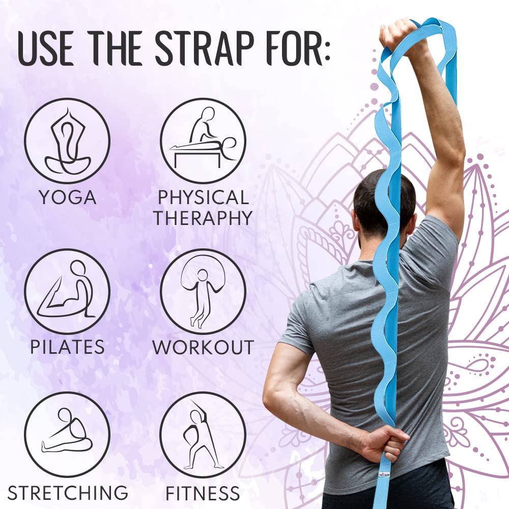 [NEW 2023] TECEUM Yoga Stretching Strap 10 Loops Non-Elastic Strap - Home Workout Stretch Strap for Physical Therapy, Yoga, Pilates plpr 1 in LtB