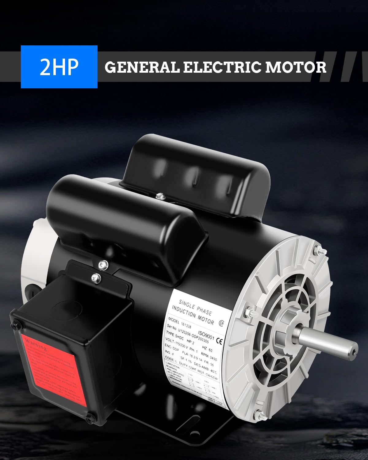 2HP Electric Motor, General Motor Single Phase, 5/8" Shaft Diameter CW/CCW, ODP Air Compressor Motor, 60HZ, 3450RPM, 115/230V