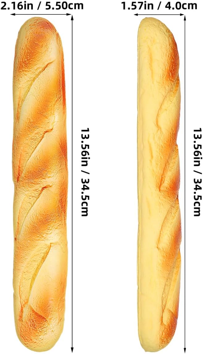 2PCS 13.6" Homoyoyo Realistic Fake Bread Long Artificial French Bread Loaves Soft Squishy PU Golden Color - Fake Food