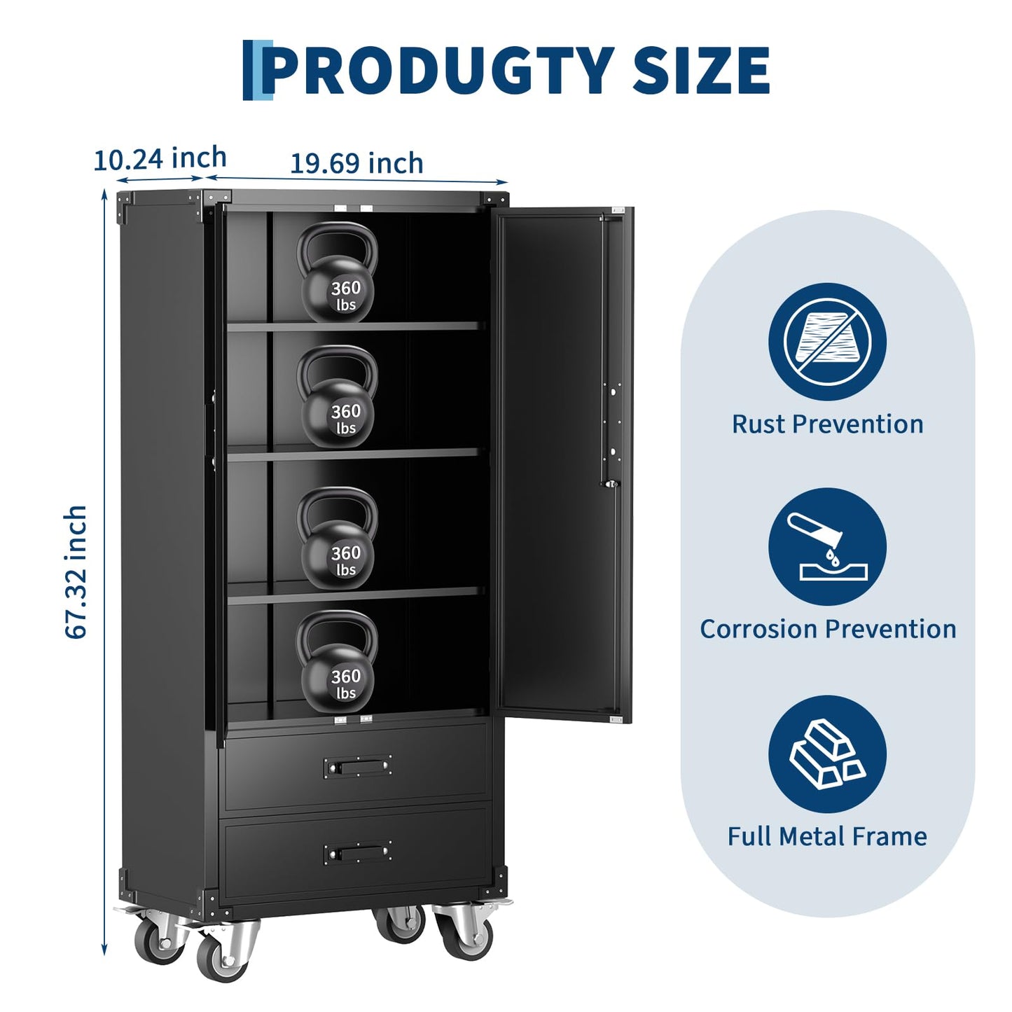 PeacefulHues 67in Garage Storage Cabinet with Door Pegboard,Lockable Metal Storage Cabinet with Adjustable Shelves, Heavy Duty Rolling Storage Cabinet for Garage Home,Required Assembly,Black