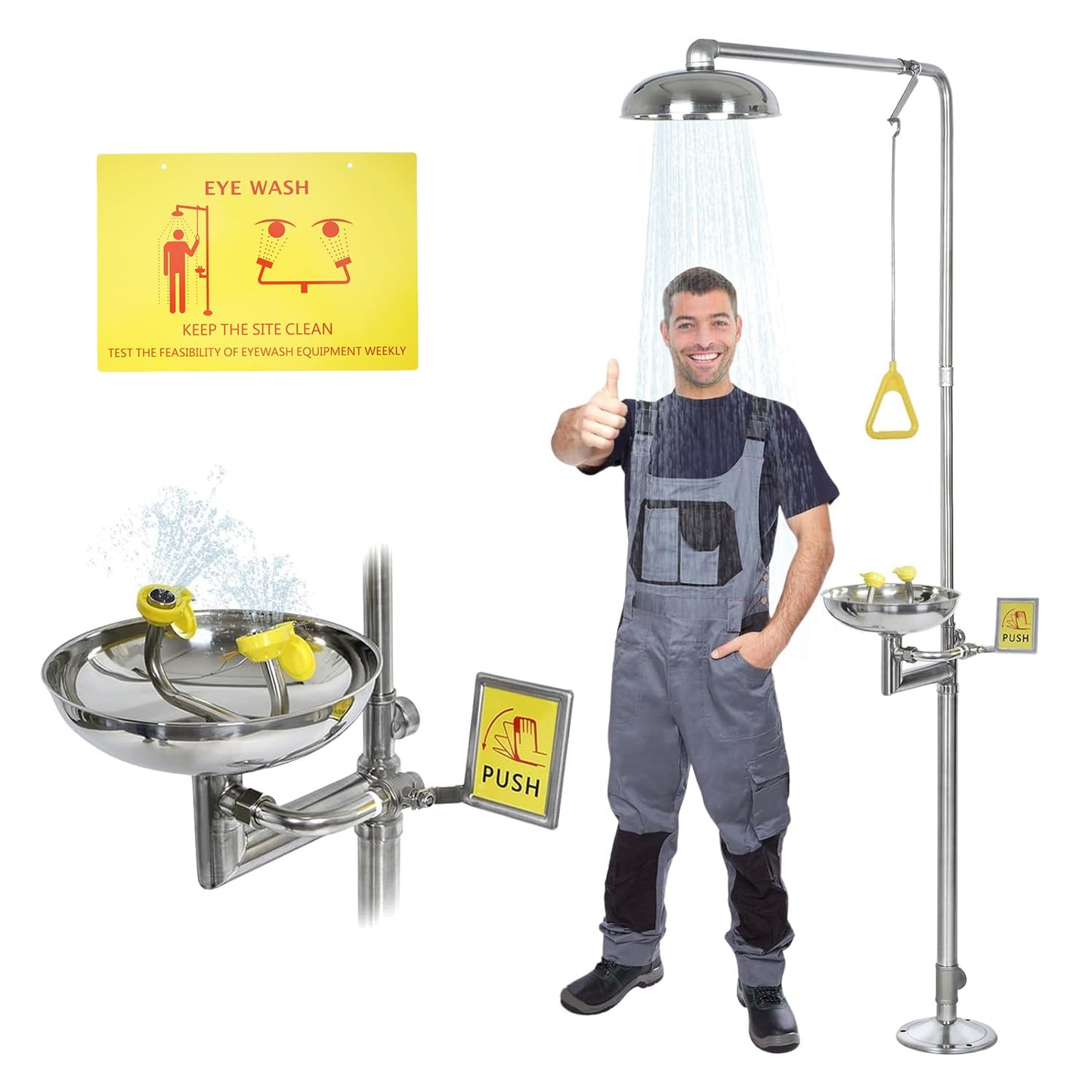 AIWFL 304 Stainless Steel Eye Wash Station, Emergency Shower Eyewash Station, Combination Eye Wash Shower Station for Industrial & Commercial Use, NPT Threads, with Eyewash Sign