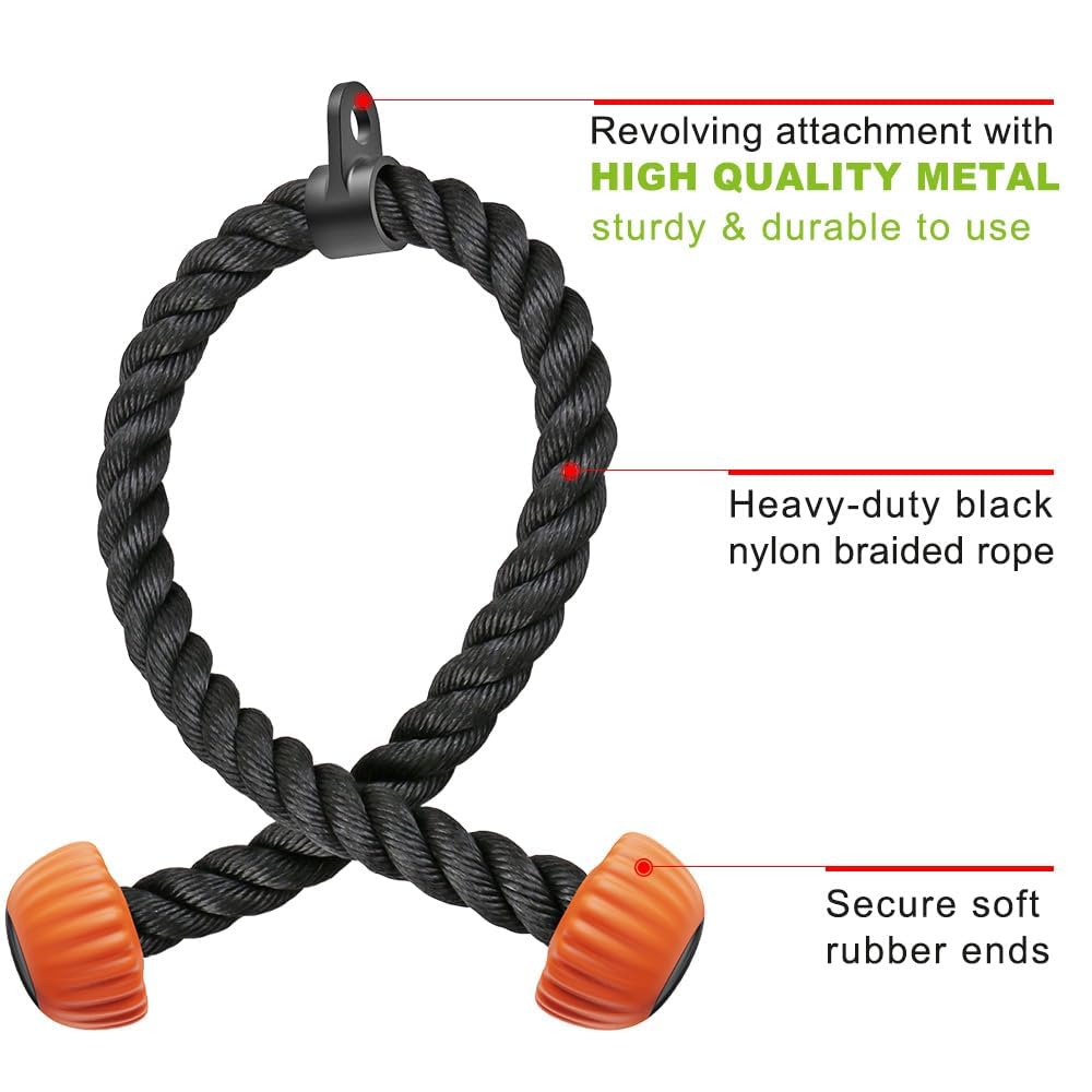 SELEWARE Triceps Rope with Non-Slip Soft Rubber Ends Home Gym Cable Attachment Workout Accessories 28 inches Long Orange