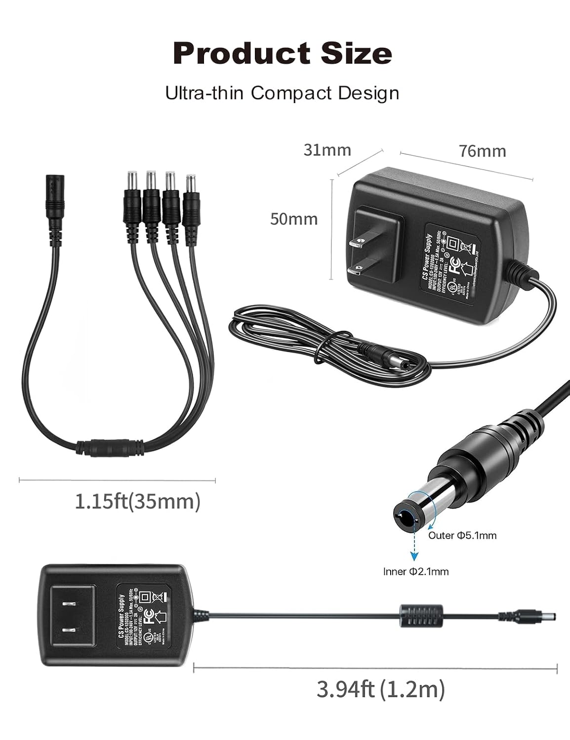 LONNKY 12V 2A 1 4 DC Security Camera Power Adapter Combine with to Power Splitter for CCTV Security Camera System