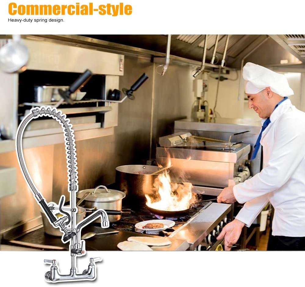 MSTJRY Commercial Sink Faucet with Pre Rinse Sprayer: 35"Height 8"Adjustable Center 12"Swivel Spout Wall Mount Pre Rinse Faucet-Perfect for 2/3 Compartment Sink (Polished Chrome,Stainless Steel&Brass)
