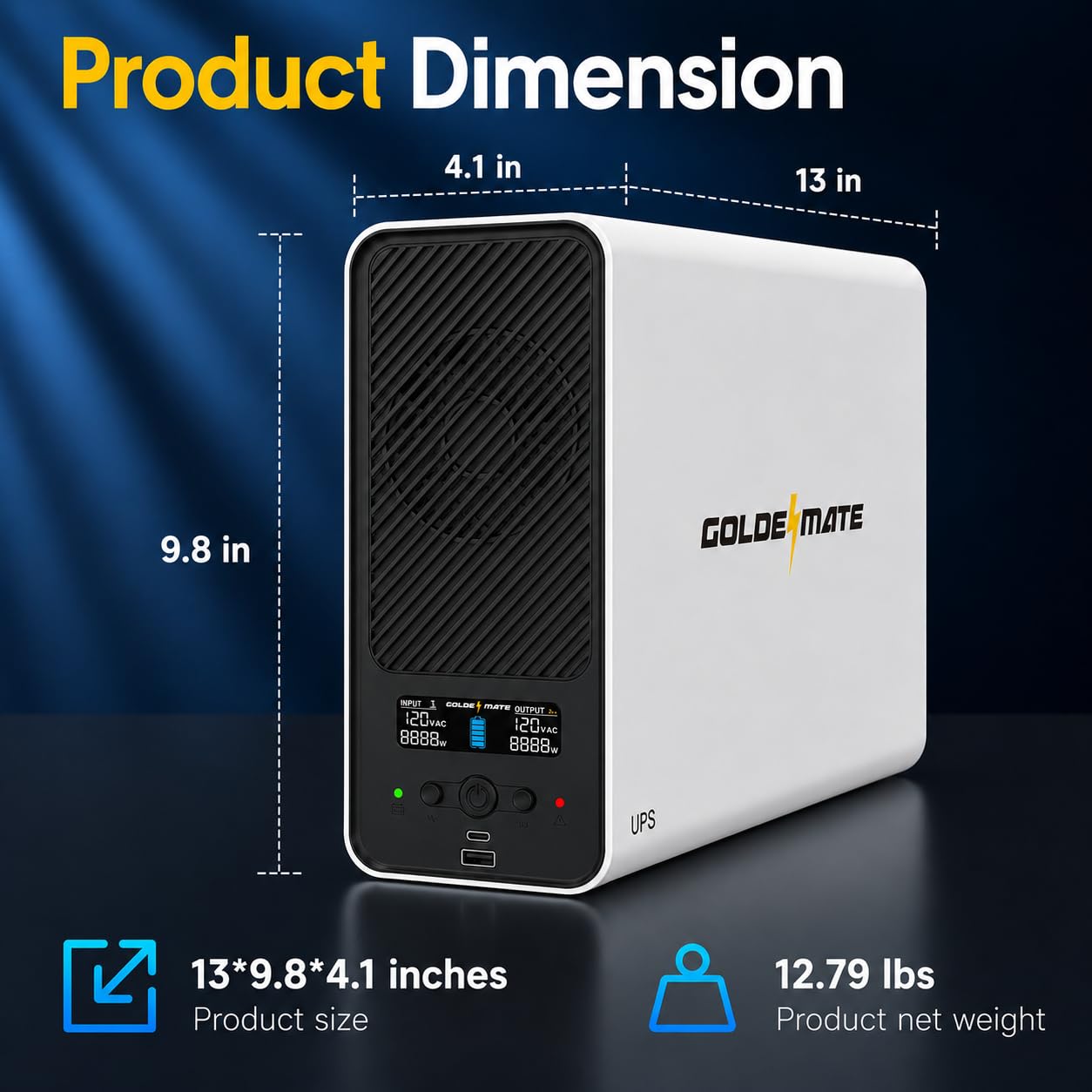 GOLDENMATE 1500VA/1000W Lithium UPS Battery Backup and Surge Protector, 230Wh LiFePO4 Battery Backup, Sinewave UPS with USB Communication Port, 8 Outlets & 2 USB Ports, LCD Display, White