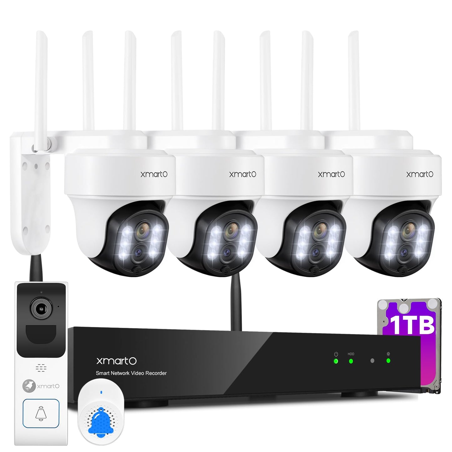 [Doorbell + 4-CAM] XMARTO Wireless Security Camera & Smart Doorbell Set, 4PCS 2K 10X Zoom Auto-Tracking PTZ CAM & 4K 10CH WiFi6 NVR (1TB HDD) & 2.4G/5G Video Doorbell, 24/7 Surveillance