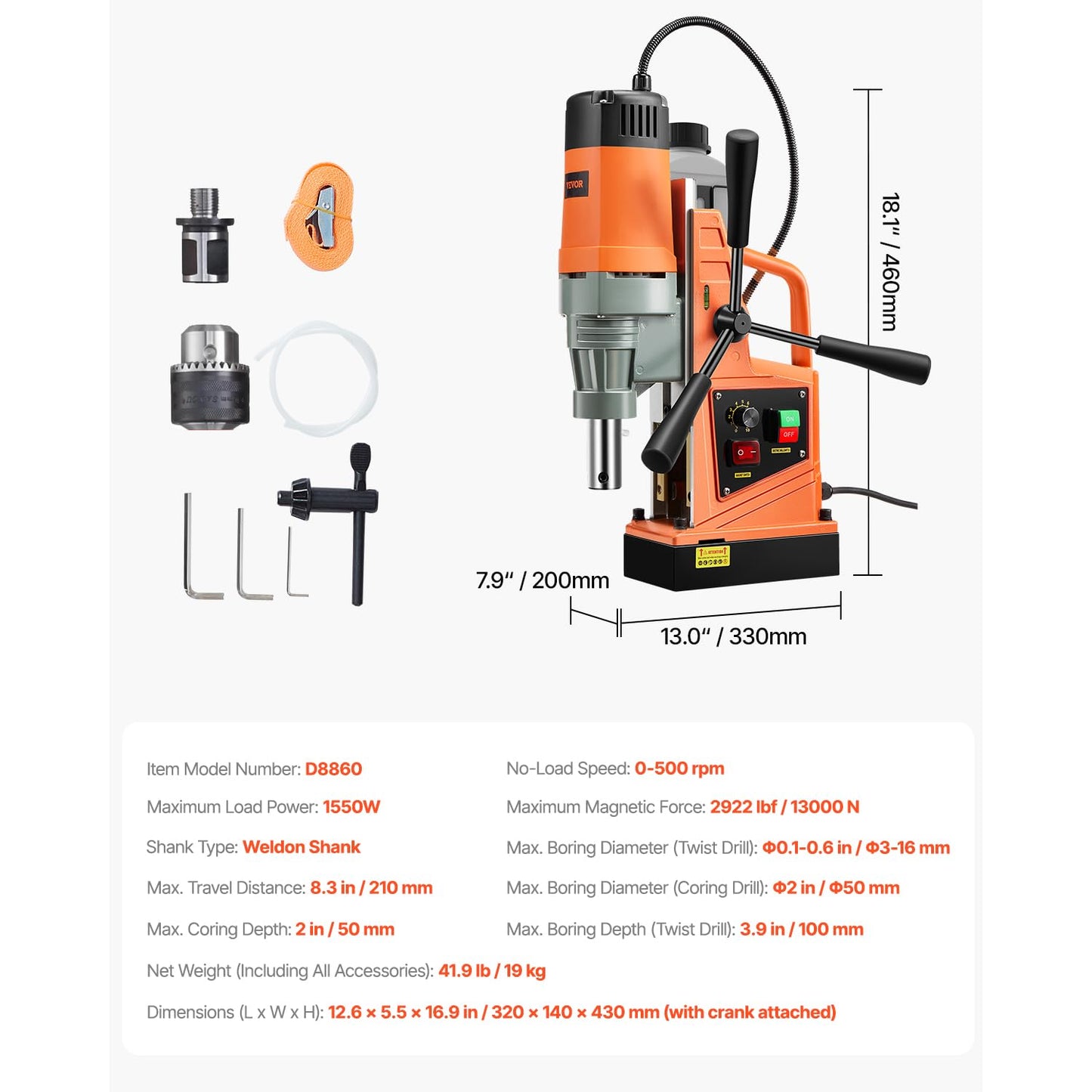 VEVOR Mag Drill Press, 1550W 2" Boring Diameter, 2922lbf Power Magnetic Drill, 500 PRM, 10-Speed, Electric Drilling Machine for Metal Surface, Industrial and Home Improvement