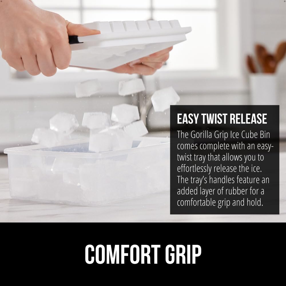 GORILLA GRIP BPA-Free Easy Release Ice Cube Tray for Freezer, Make Lots of Ice, 56 Cubes Total, Kit Includes 2 Stackable Leakproof Trays with Lid and Soft Handle Grips, Scooper, Bin, For Coffee, Black