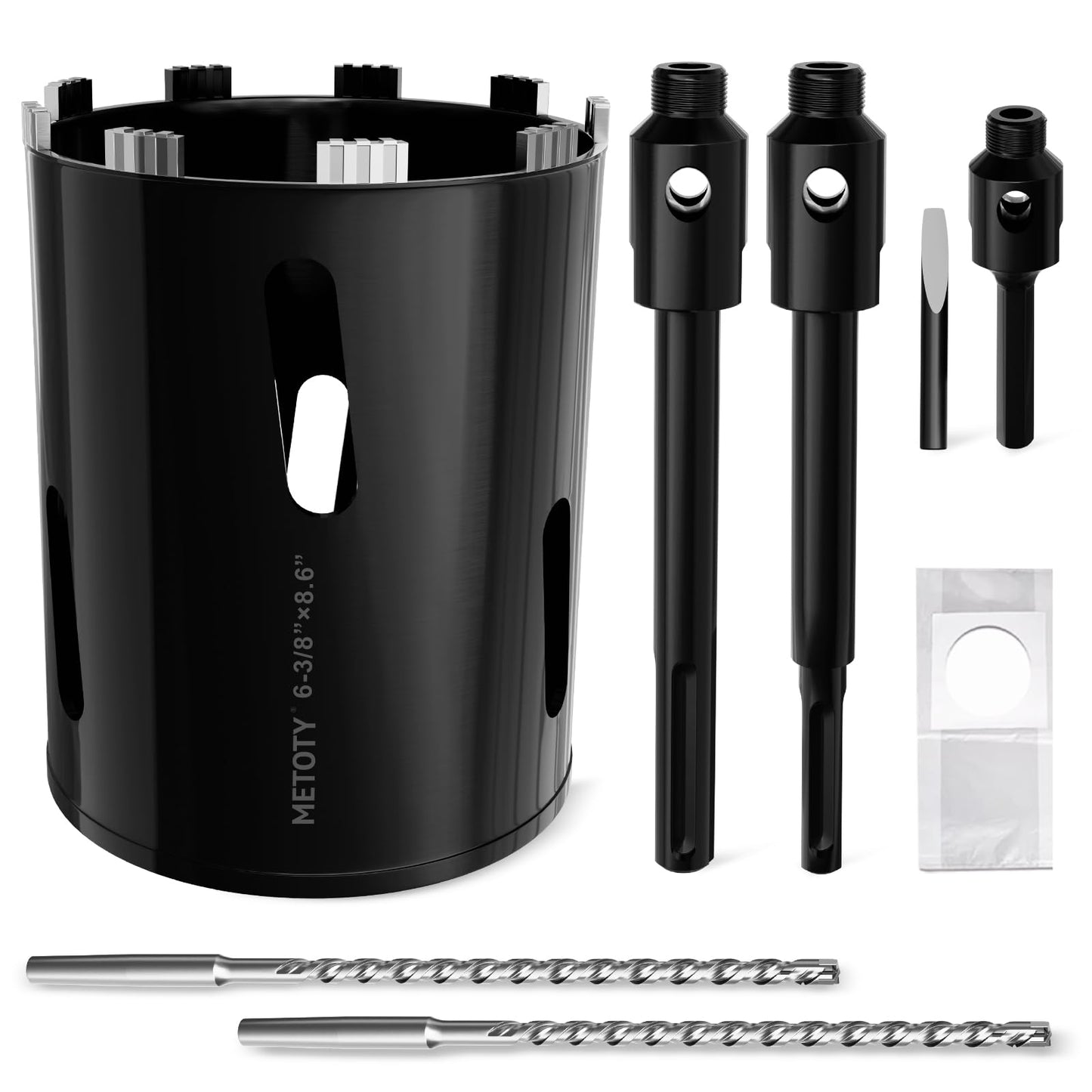 Diamond Core Drill Bit 6-3/8"(162mm) with Pilot Bit & Adapters (SDS Plus & Hex) – Upgraded Welded Segments, 8.6" Depth – for Concrete, Solid Brick, Hollow Brick, Masonry & More