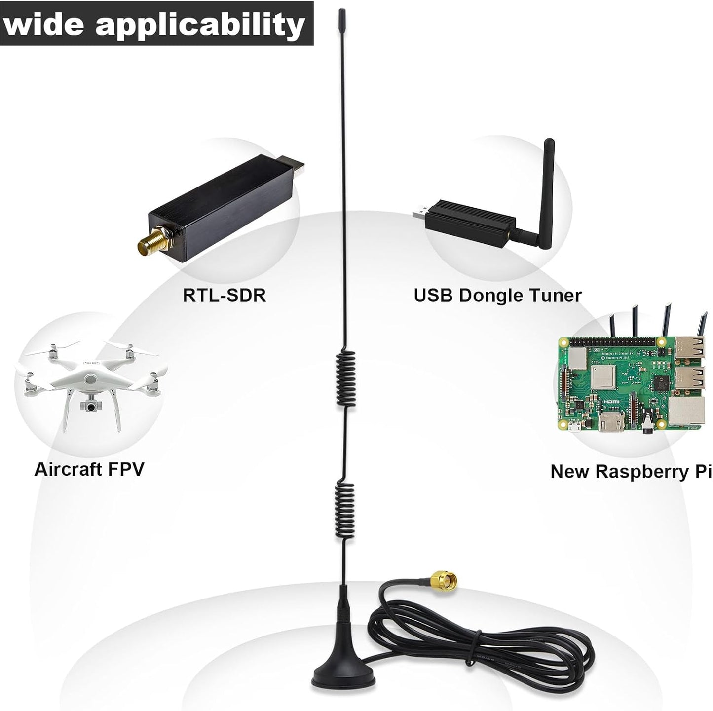 Kaunosta 900-1800MHz/Compatible 978MHz&1090MHz, Receiver/6DBi 1.5M ADS-B SDR Radio Antenna with for SDR, FPV, Ham Radio