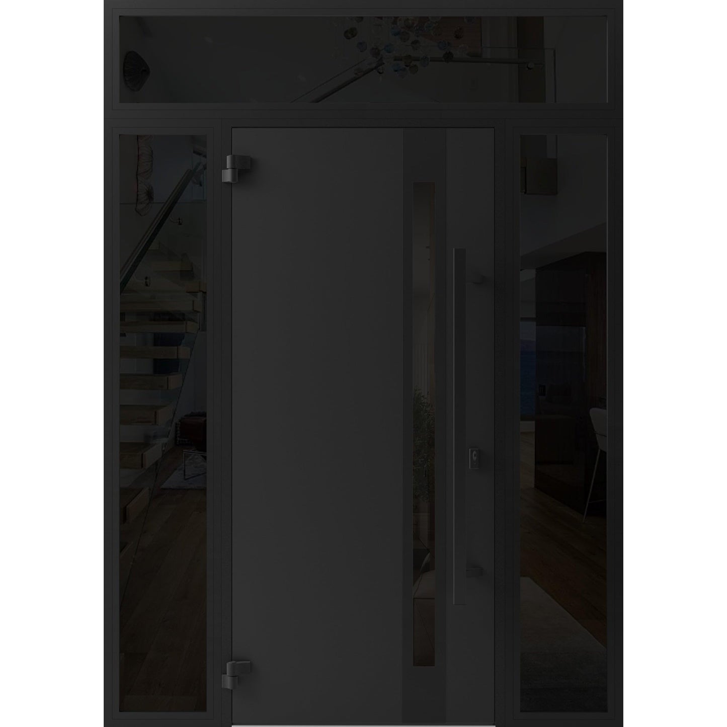 VDOMDOORS Front Exterior Prehung Steel Door/Ronex 1033 Teak / 2 Side and Top Exterior Window Sidelite/Entry Metal Modern Painted W16+36+16" x H80+16" Right Hand Inswing